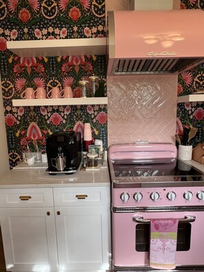 Pink retro appliances and espresso machine