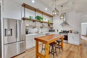 Indoors, Kitchen, Hardwood, Kitchen Island, Refrigerator