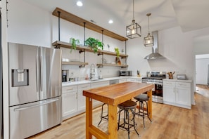 Indoors, Kitchen, Hardwood, Kitchen Island, Refrigerator