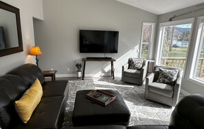 65" HDTV with Roku and soundbar/woofer combo.