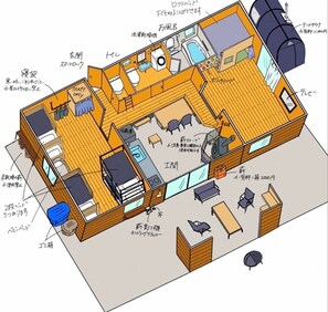 There are two 9-tatami mat bedrooms on the earthen floor terrace. There is also a separate toilet apart from the dressing room.