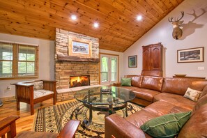 Cozy seating around gas fireplace in living room