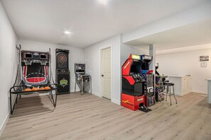 Pop-a-shot, darts, pinball, and 3 more arcade games