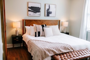 Primary bedroom features a king size Purple mattress with Quince sheets, trust us this is a truly luxurious and restful bed