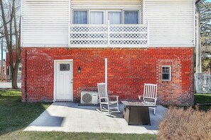 Exterior, back door, balcony and patio with gas fire pit