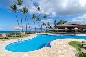 Large heated beachfront pool with a pavilion