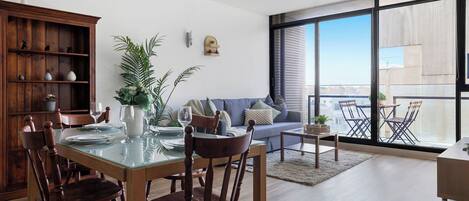 The living area with a sofa bed that folds out to a double.