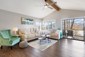 The living space is designed with vacation in mind offering bright accents and open layout