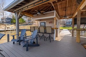 The dock is where it is!  Tiki bar with full fridge. 