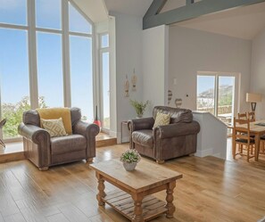 Lounge area with armchairs and coffee table, dining area and breakfast bar