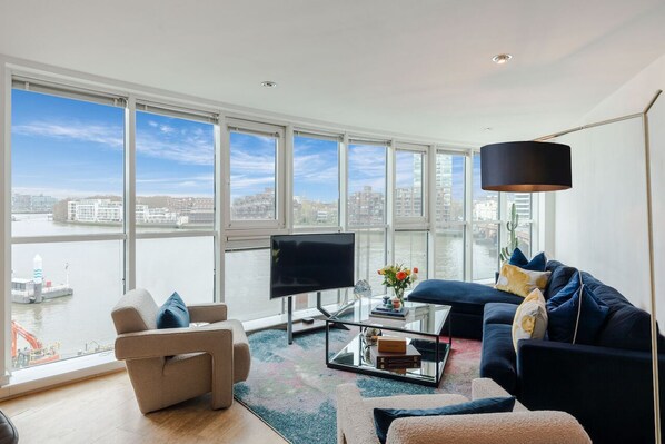 Welcome to our sophisticated living room retreat.