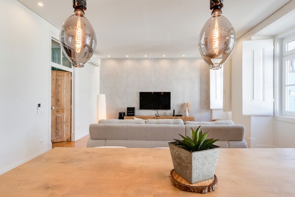 Spacious living room with dining area