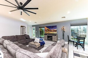 Dining and kitchen areaopen-concept design with a cozy living area and fully equipped kitchen!