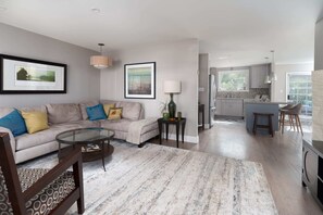 Here's a different angle of the living area, with the kitchen in the background.