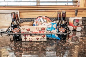 The Stew Cabin is beautifully decorated and stocked with amenities. From red wine, hot cocoa, and coffee -we've got you covered!