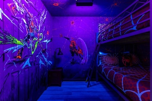 Spiderverse bedroom with Full over Full bunk bed. Lots of easter eggs throughout