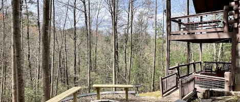 Fire pit, sitting area and back decks