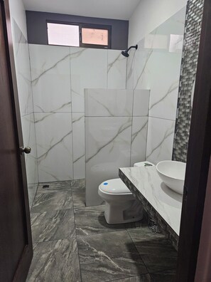new in 2024, shower ,toilet, sink.