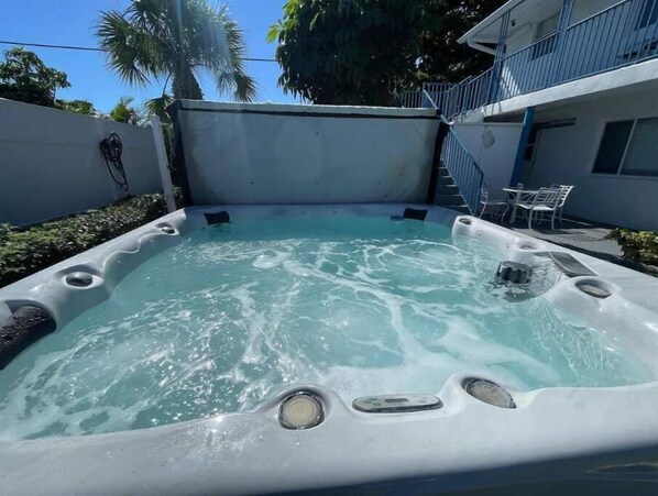 Relax in our8 person hot tub. Hours are 9am - 9pm. 