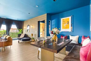 There is a dedicated dining area, where guests can also work from, open to the grandiose living room