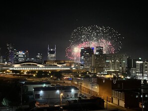 View of fireworks from balcony