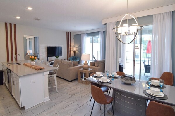 Gorgeous open-plan living space - dining area, kitchen with island, lounge area