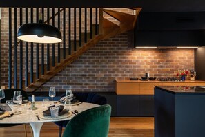 Designer kitchen and open plan dining perfect for a meal in.
