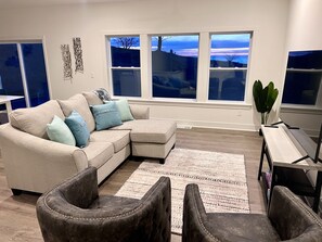 Living room with Lake Michigan views