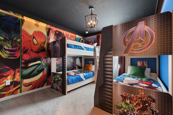 Enjoy the flexibility and comfort of our Avengers Themed room with four beds, providing you with a cozy and restful retreat during your stay.