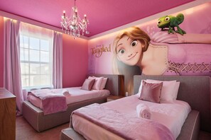 Enjoy the flexibility and comfort of our Tangled Themed room with two beds, providing you with a cozy and restful retreat during your stay.