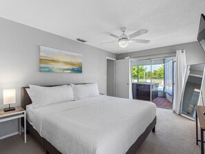 This spacious suite features a king-size bed, ceiling fan, and mounted TV for laid-back evenings.