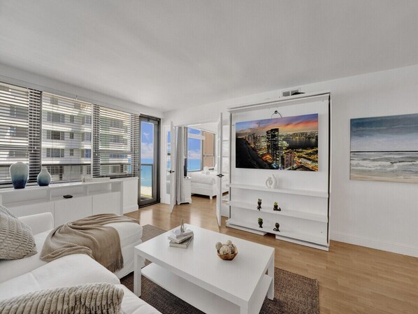 Living room with partial ocean view