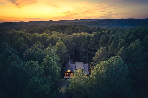 Aerial view of the cabin at sunset!
