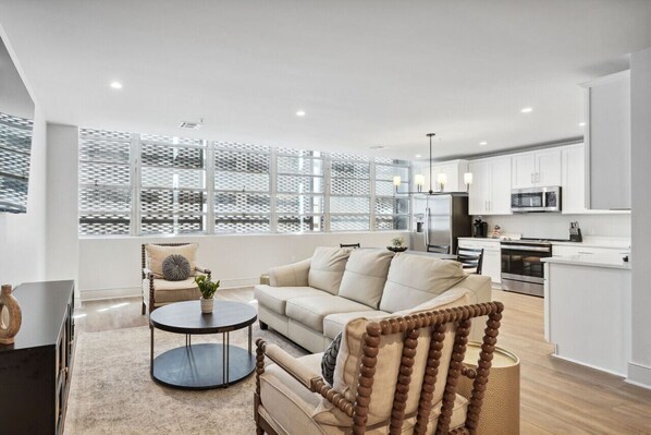 Living Room with Comfortable Seating and Smart TV