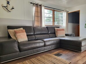 Flop down, relax, and let the couch embrace your soggy self.