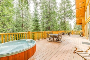 Cabin Exterior | Private Hot Tub | Furnished Deck