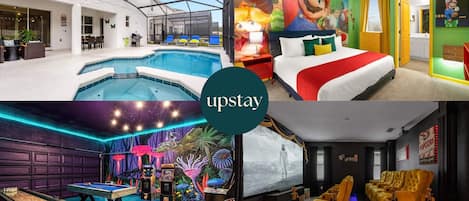 Private outdoor swimming pool, themed bedrooms, in-home games room and cinema with large projector screen
