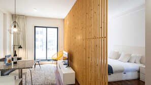 Overview of the apartment's layout, divided by a wooden wall partition #modern #simple