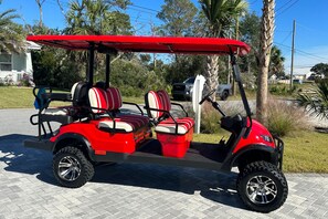 This home is equipped with a 6 Seater Golf Cart to make traveling to and from the beach even easier!