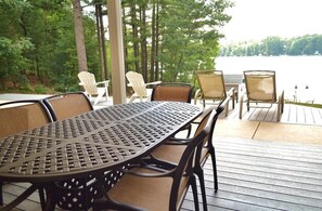 Plenty of seating on the patio, overlooking the lake.
