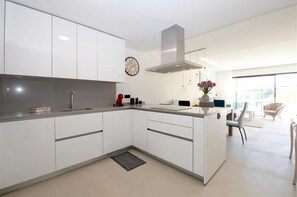 Modern open kitchen is fully equipped with all the appliances
