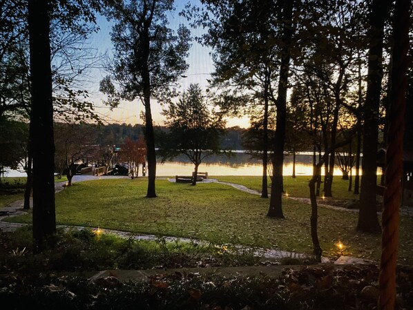 Sunset view of lake from back porch. 