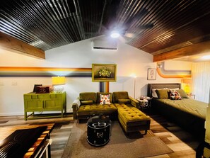 Comfy living room couch with room to stretch out and watch a movie