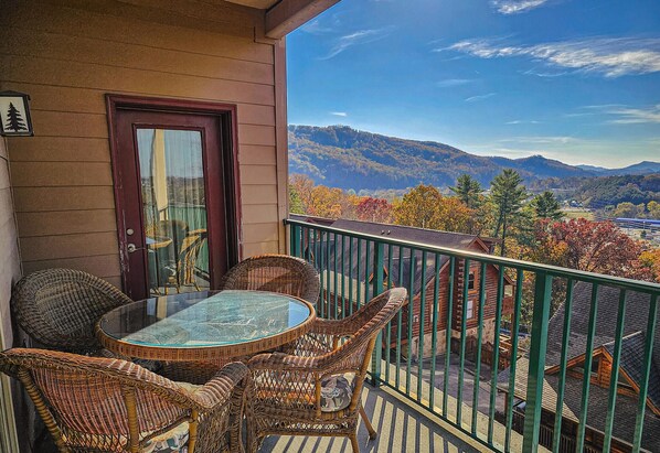 Balcony with table and seating