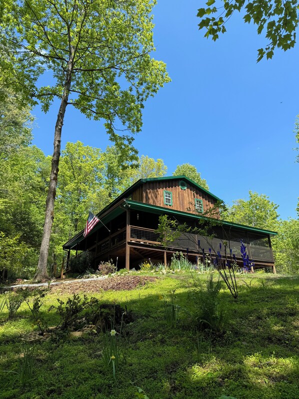 This newly renovated handcrafted cabin is perched on top of a forested hill.
