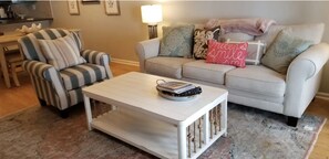 Sofa, easy chair, pillows, and coffee table.
