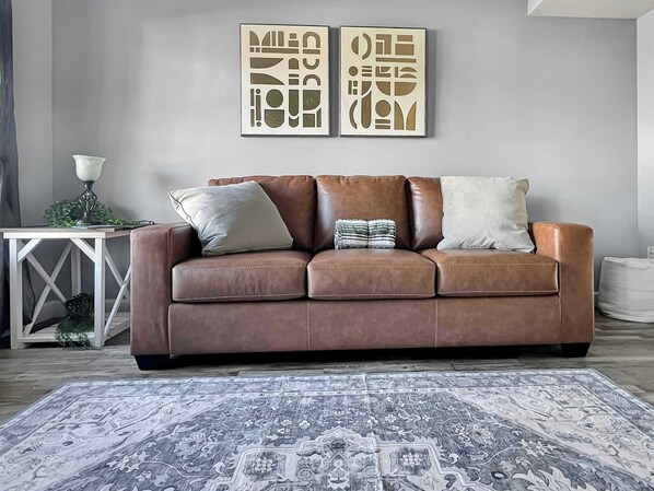 Beautiful leather sofa bed.  Perfect for relaxing, reading a book or watching your favorite streaming tv show.
