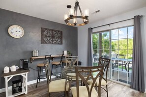 Enjoy your meal time and morning coffee in a beautiful dining room overlooking the patio