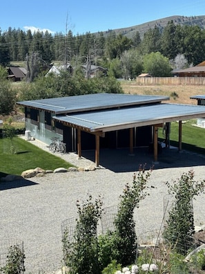 Bird's Eye View of Arnica Cabin; Attached Carport with EV Charger