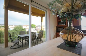 A kitchen that has it all, gas range, air fryer, large island, plenty of room!